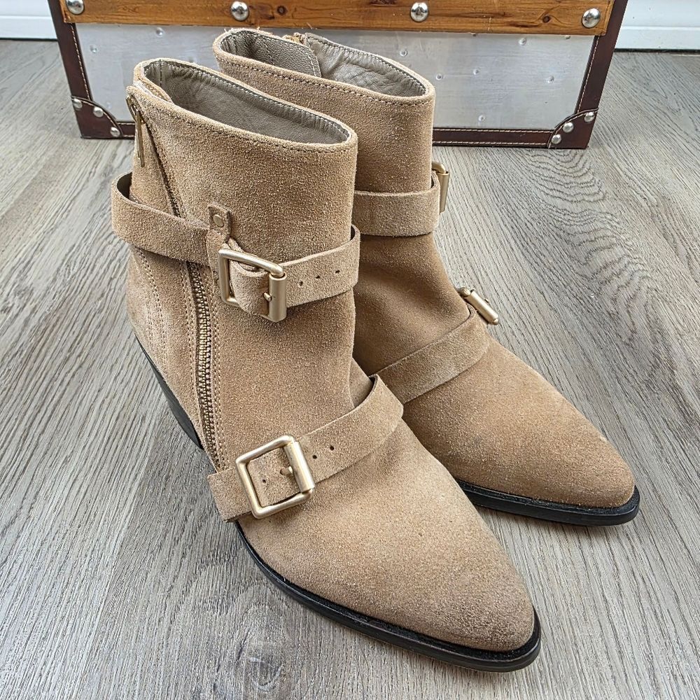 All Saints Beige Suede Buckle Ankle Boots